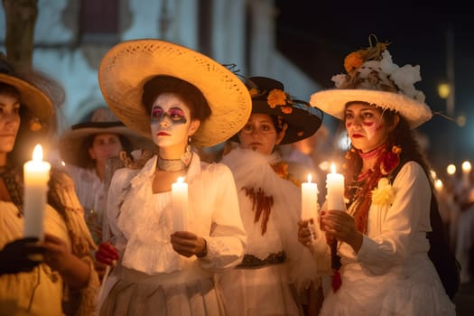 Women with Catrina costumes and with skull make-up holding candles at the parade for dia de los muertos. Not based on any actual person, scene or pattern.