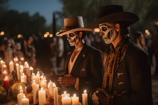 Two costumed cowboys with skull make-up in front of a table with candles at the event for dia de los muertos at night. Not based on any actual person or scene.