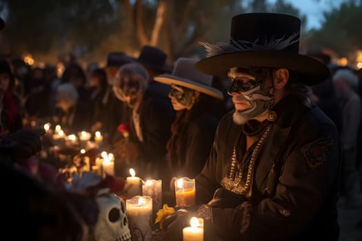 Costumed cowboy with skull make-up in front of a table with candles at the event for dia de los muertos at night. Not based on any actual person or scene.