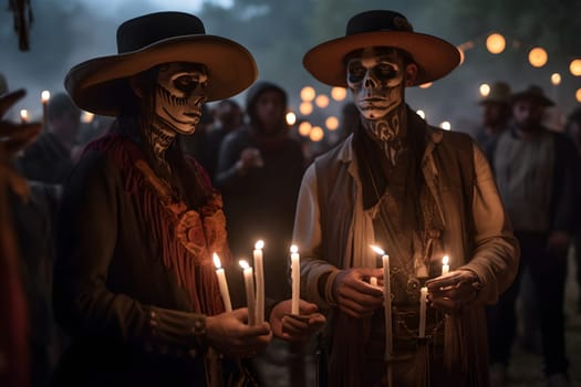 Two costumed cowboys with skull make-up standing with candles at the event for dia de los muertos at night. Not based on any actual person or scene.
