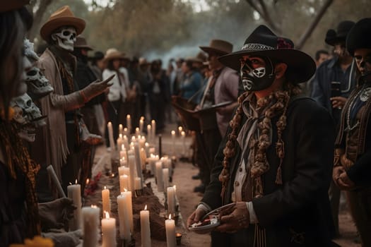 Costumed cowboys with skull make-up in front of a table with candles at the event for dia de los muertos at night. Not based on any actual person or scene.
