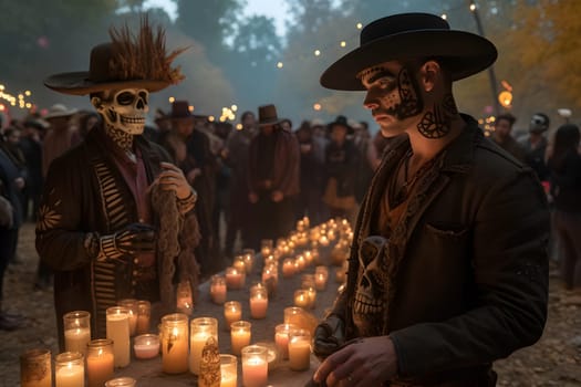 Two costumed cowboys with skull make-up in front of a table with candles at the event for dia de los muertos at night. Not based on any actual person or scene.