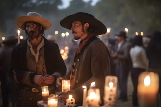 Two costumed cowboys in front of a table with candles at the event for dia de los muertos at night. Not based on any actual person or scene.