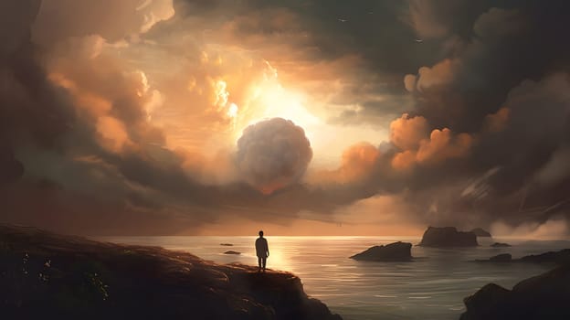 beautiful sunset in the clouds with alone human figure silhouette on sea shore in the background. Not based on any actual person, scene or pattern.