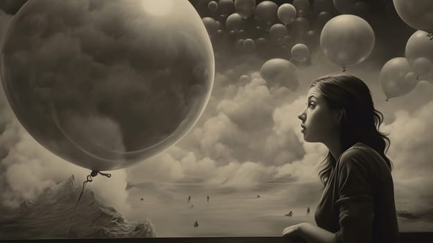 young adult caucasian woman looking thoughtfully on transparent r ballon surrounded with another ballons and clouds in the sky. Neural network image. Not based on actual person or scene.