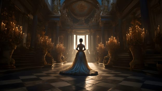 Alone woman in Baroque dress standing inside large abanodned mansion hall in Baroque style. Neural network generated in May 2023. Not based on any actual person, scene or pattern.