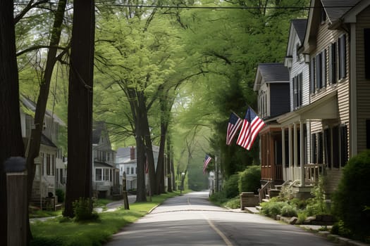 Neighborhood. USA flag waving on a quiet main street with american dream houses. Neural network generated in May 2023. Not based on any actual person, scene or pattern.