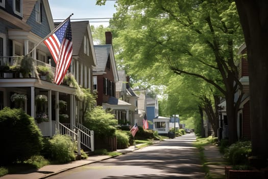 Neighborhood. USA flag waving on a quiet main street with american dream houses. Neural network generated in May 2023. Not based on any actual person, scene or pattern.