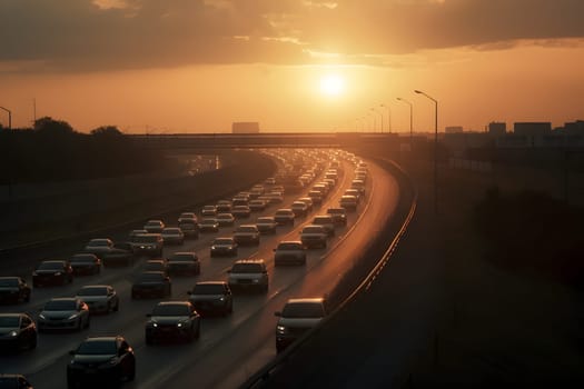 highway traffic in sunrise or sunset. Neural network generated in May 2023. Not based on any actual person, scene or pattern.