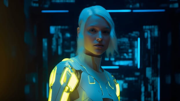 Pretty young adult caucasian woman with white hair wearing cybernetic jacket in cyberpunk setting. Neural network generated in May 2023. Not based on any actual person, scene or pattern.