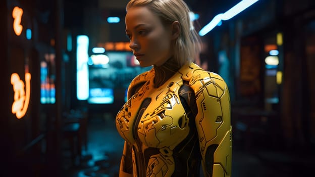 Pretty young adult caucasian woman with white hair wearing cybernetic jacket in cyberpunk setting. Neural network generated in May 2023. Not based on any actual person, scene or pattern.