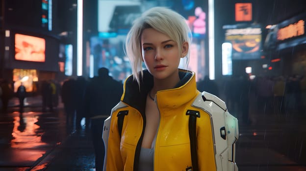 Pretty young adult caucasian woman with white hair wearing cybernetic jacket in cyberpunk setting. Neural network generated in May 2023. Not based on any actual person, scene or pattern.