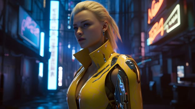 Pretty young adult caucasian woman with white hair wearing cybernetic jacket in cyberpunk setting. Neural network generated in May 2023. Not based on any actual person, scene or pattern.