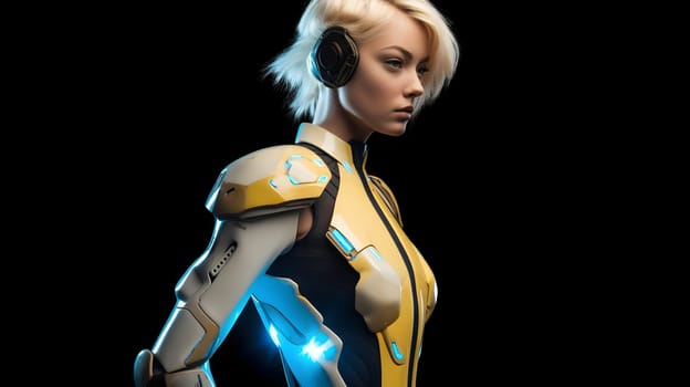 Pretty young adult caucasian woman with white hair wearing cybernetic jacket in cyberpunk setting. Neural network generated in May 2023. Not based on any actual person, scene or pattern.