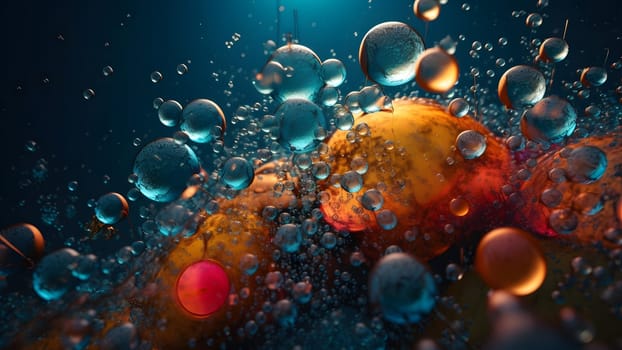 abstract background and wallpaper of clolorful bubbles in teal-orange tones. Neural network generated in May 2023. Not based on any actual scene or pattern.