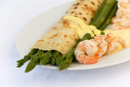 Asparagus with shrimp,pancakes