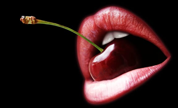 Eating cherries- black background
