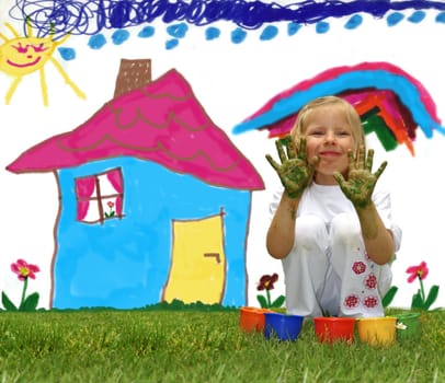 Little girl painting a house