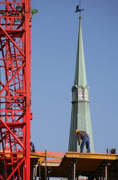With church tower in the background