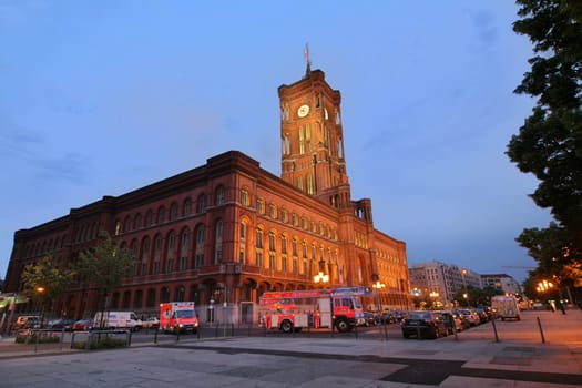 Fire brigade operation in front of the red town hall