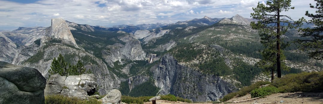 Panorama of three shots. View of Yosemite Valley from Glacier Point