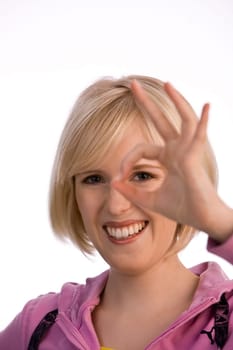 Young woman with show of hands