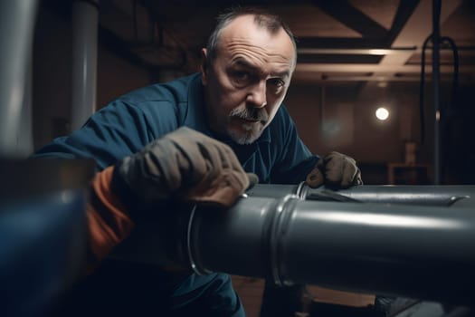 Plumber Fixing Pipe. Neural network generated in May 2023. Not based on any actual person, scene or pattern.