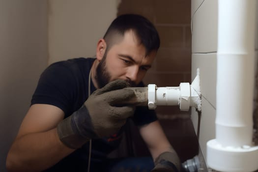 Plumber Fixing Pipe. Neural network generated in May 2023. Not based on any actual person, scene or pattern.