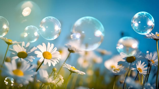 Spring motive light background and wallpaper with chamomiles, soap bubbles and bokeh. Neural network generated in May 2023. Not based on any actual scene or pattern.