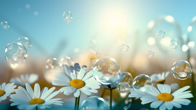 Spring motive light background and wallpaper with chamomiles, soap bubbles and bokeh. Neural network generated in May 2023. Not based on any actual scene or pattern.