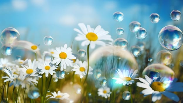 Spring motive light background and wallpaper with chamomiles, soap bubbles and bokeh. Neural network generated in May 2023. Not based on any actual scene or pattern.