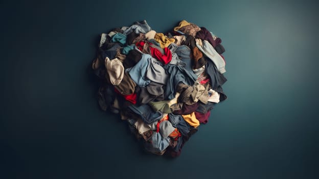 used clothes folded to form a heart on grey background. Neural network generated in May 2023. Not based on any actual person, scene or pattern.