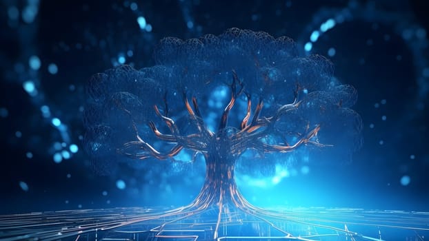 concept of network connection technology or big data as blue cyber tree. Neural network generated in May 2023. Not based on any actual person, scene or pattern.