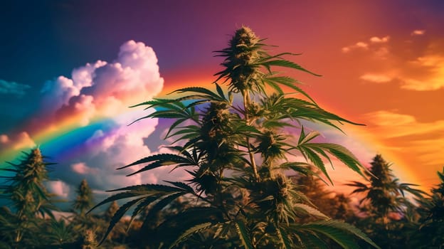 a marijuana plants with a rainbow in the sky behind it. Neural network generated in May 2023. Not based on any actual person, scene or pattern.