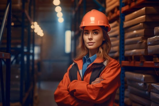 caucasian woman in orange hard hat posing with her arms crossed in an industrial warehouse. Neural network generated in May 2023. Not based on any actual person, scene or pattern.