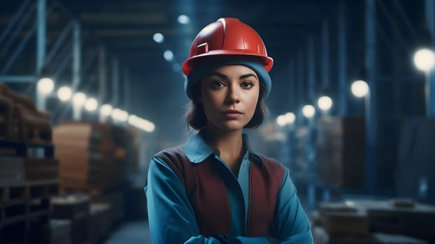 caucasian woman in orange hard hat posing with her arms crossed in an industrial warehouse. Neural network generated in May 2023. Not based on any actual person, scene or pattern.