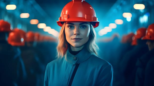 caucasian woman in hard among many workers in an industrial warehouse. Neural network generated in May 2023. Not based on any actual person, scene or pattern.