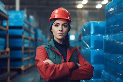 caucasian woman in orange hard hat posing with her arms crossed in an industrial warehouse. Neural network generated in May 2023. Not based on any actual person, scene or pattern.