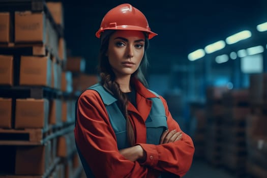 caucasian woman in orange hard hat posing with her arms crossed in an industrial warehouse. Neural network generated in May 2023. Not based on any actual person, scene or pattern.