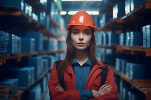 caucasian woman in orange hard hat posing with her arms crossed in an industrial warehouse. Neural network generated in May 2023. Not based on any actual person, scene or pattern.