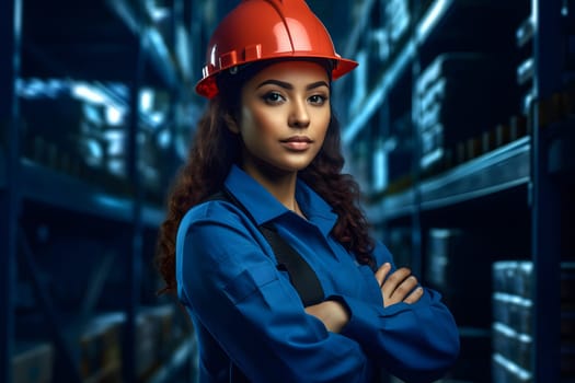 african american woman in orange hard hat posing with her arms crossed in an industrial warehouse. Neural network generated in May 2023. Not based on any actual person, scene or pattern.