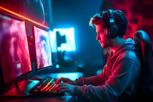 young caucasian gamer with headset playing video games with computer and multiple screens lit with saturated neon lights. Neural network generated in May 2023. Not based on any actual person, scene or pattern.