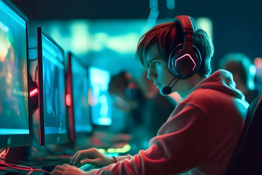 young caucasian gamer with headset playing video games with computer and multiple screens lit with saturated neon lights. Neural network generated in May 2023. Not based on any actual person, scene or pattern.