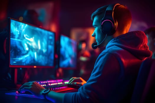 young caucasian gamer with headset playing video games with computer and multiple screens lit with saturated neon lights. Neural network generated in May 2023. Not based on any actual person, scene or pattern.
