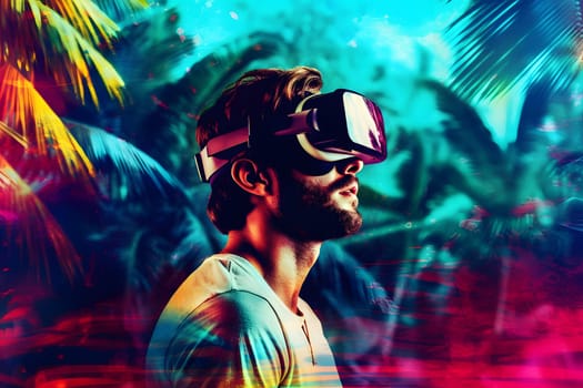 Man is using virtual reality headset, head and shoulders portrait on colorful background. Neural network generated in May 2023. Not based on any actual person, scene or pattern.