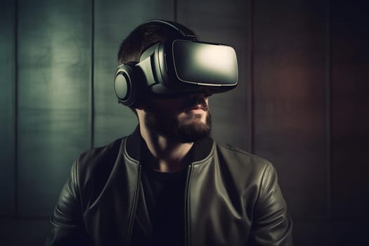 Man in leather jacket is using virtual reality headset, head and shoulders portrait on brown background. Neural network generated in May 2023. Not based on any actual person, scene or pattern.