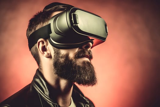 Man is using virtual reality headset, head and shoulders portrait on brown background. Neural network generated in May 2023. Not based on any actual person, scene or pattern.