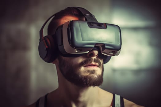 Man is using virtual reality headset, head and shoulders portrait on blurry gray concrete wall background. Neural network generated in May 2023. Not based on any actual person, scene or pattern.