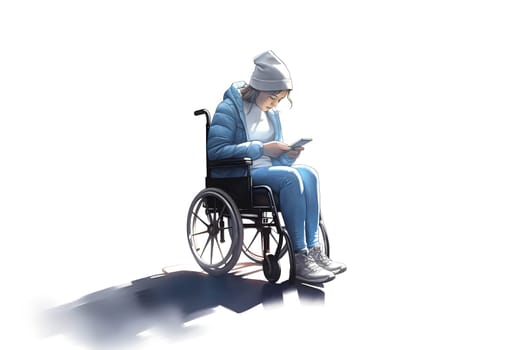 young adult woman in a wheelchair using smartphone on white background. Neural network generated in May 2023. Not based on any actual person, scene or pattern.