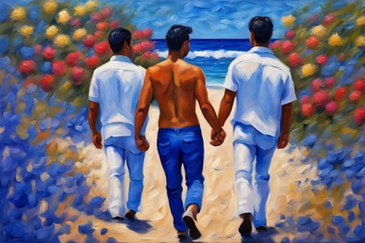 three different person walking by hand in the beach, romantic open mixed race and gender love relationship illustration concept generative ai art